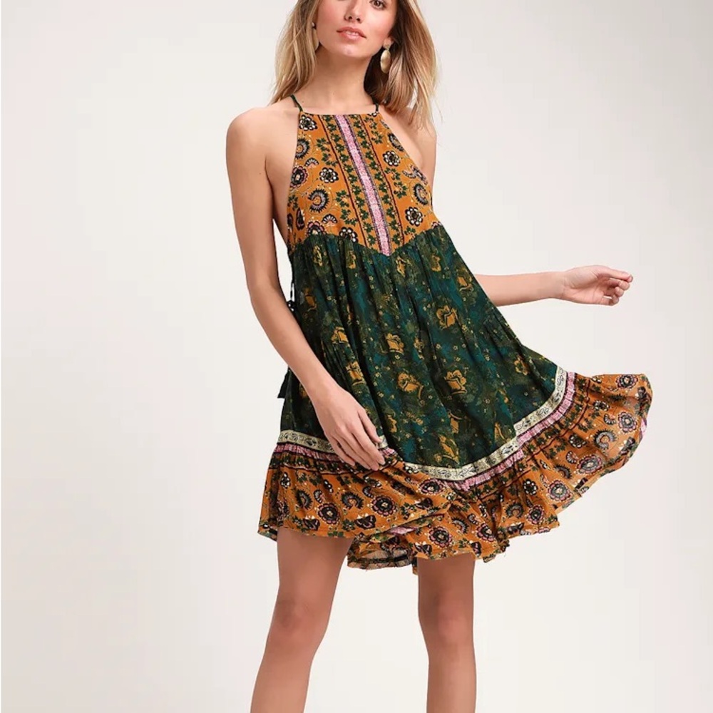 Free People Bohemian Spaghetti Strap Tiered Midi Dress - Mustard & Forest Green
